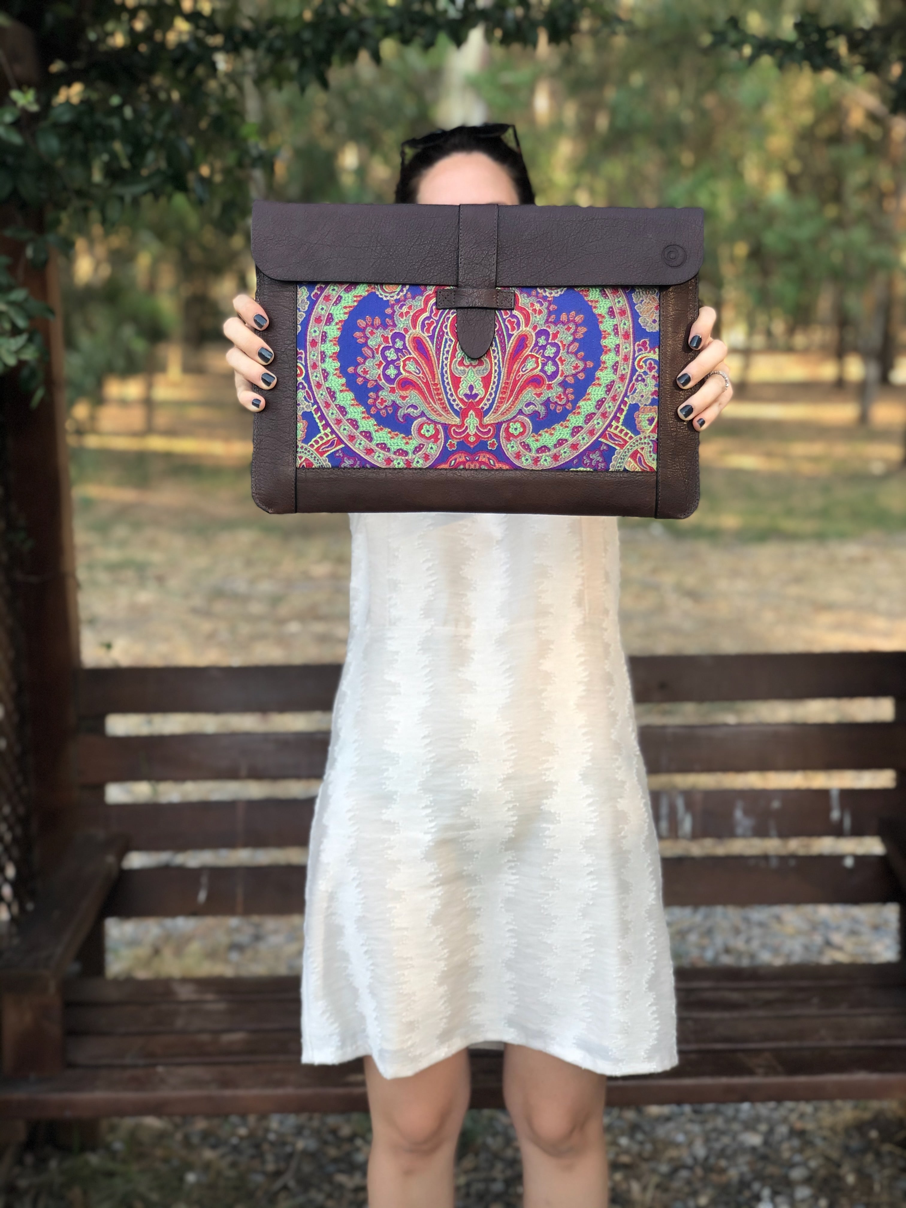 Blue Silk MacBook Sleeve & Charger Bag Set – Handmade Leather Laptop Case 13" 15" 16" | Personalized Gift | Camel or Brown