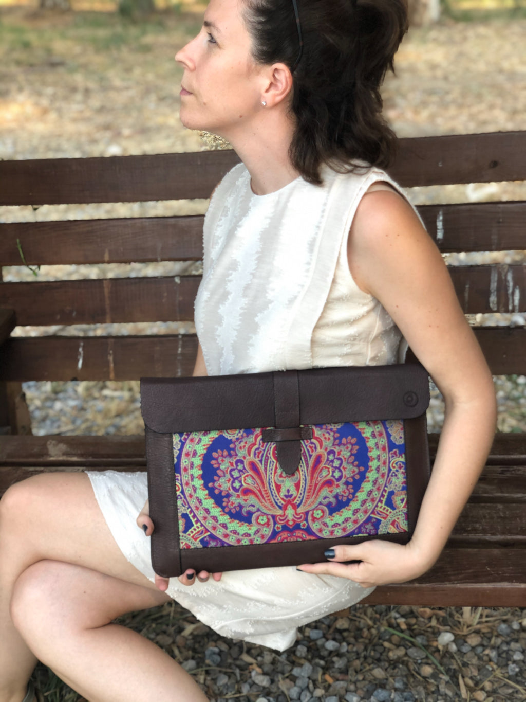 Blue Silk MacBook Sleeve & Charger Bag Set – Handmade Leather Laptop Case 13" 15" 16" | Personalized Gift | Camel or Brown