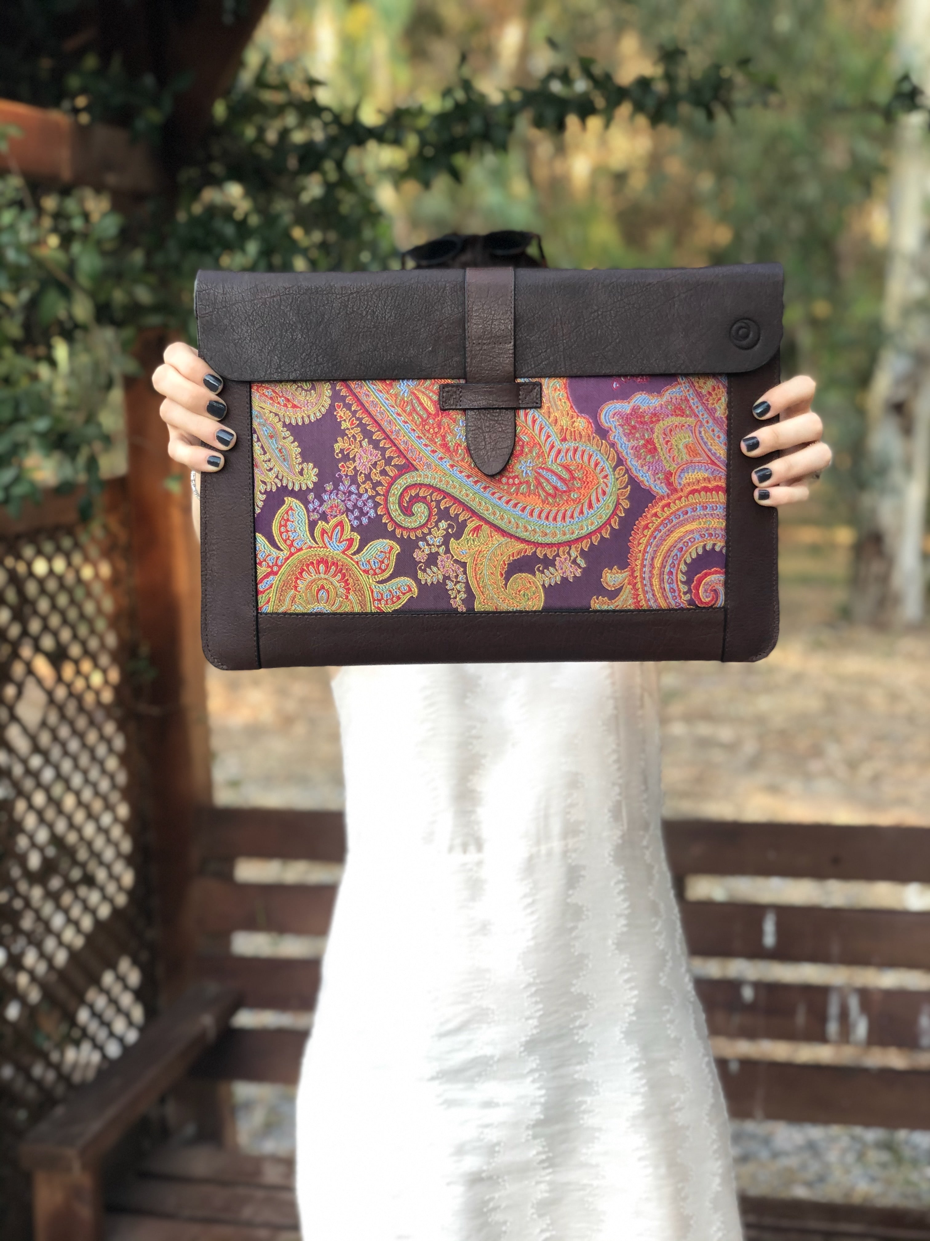 Purple Silk MacBook Sleeve & Charger Bag | Handmade Leather Laptop Case | Personalized Laptop Set | 13” 15” 16” | Brown or Camel