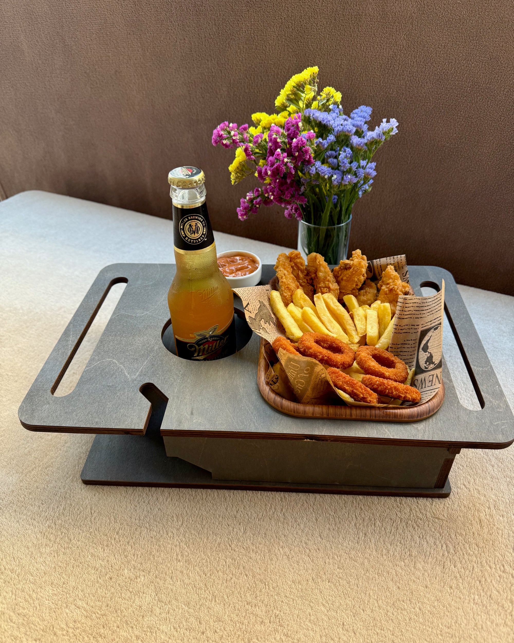 Personalized Wooden Couch Tray – Sofa Armrest Table, Snack & Drink Organizer