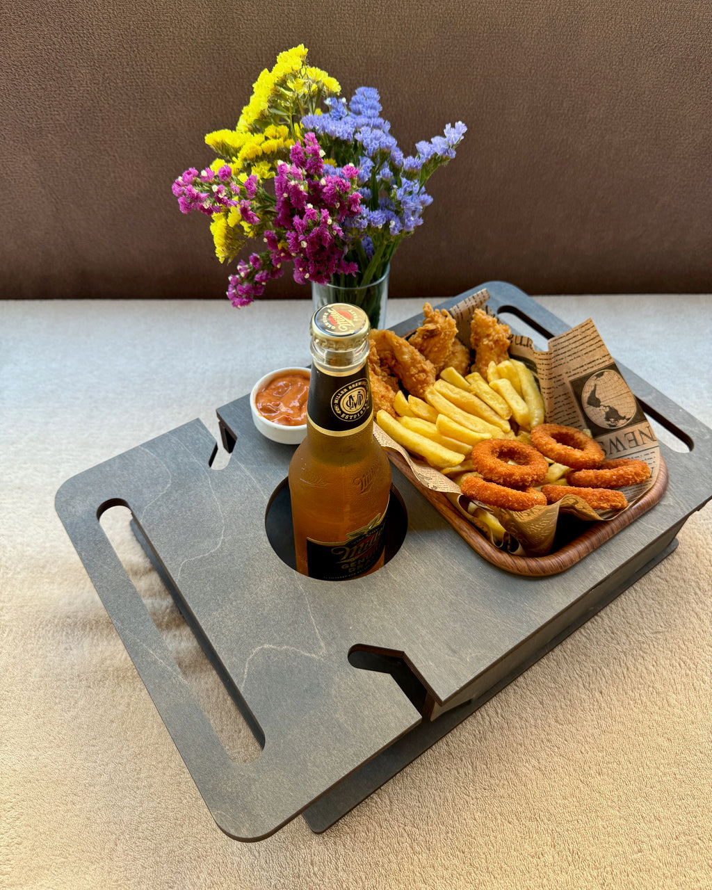 Personalized Wooden Couch Tray – Sofa Armrest Table, Snack & Drink Organizer