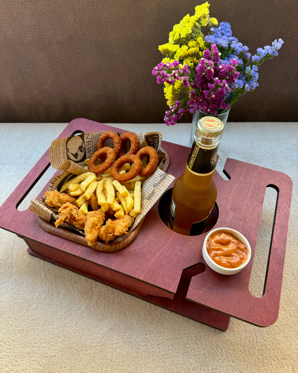 Personalized Wooden Couch Tray – Sofa Armrest Table, Snack & Drink Organizer
