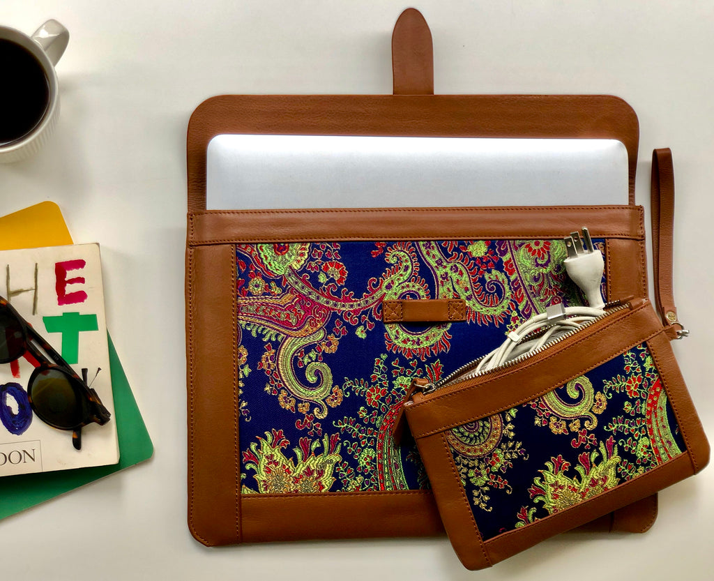 Blue Silk MacBook Sleeve & Charger Bag Set – Handmade Leather Laptop Case 13" 15" 16" | Personalized Gift | Camel or Brown
