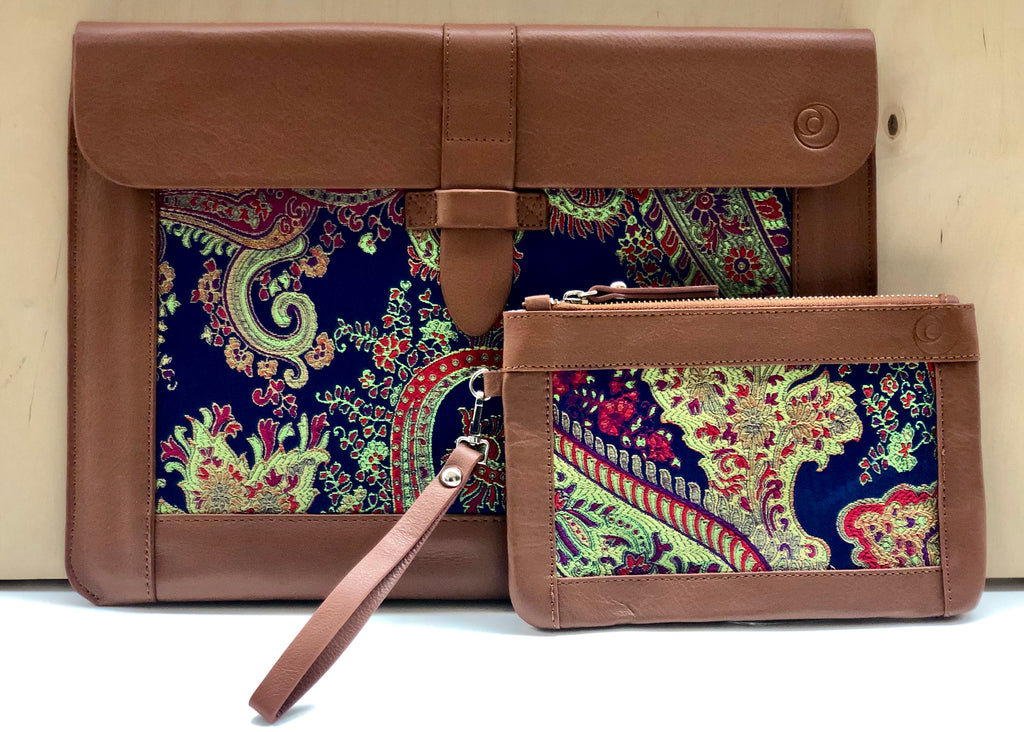 Blue Silk MacBook Sleeve & Charger Bag Set – Handmade Leather Laptop Case 13" 15" 16" | Personalized Gift | Camel or Brown