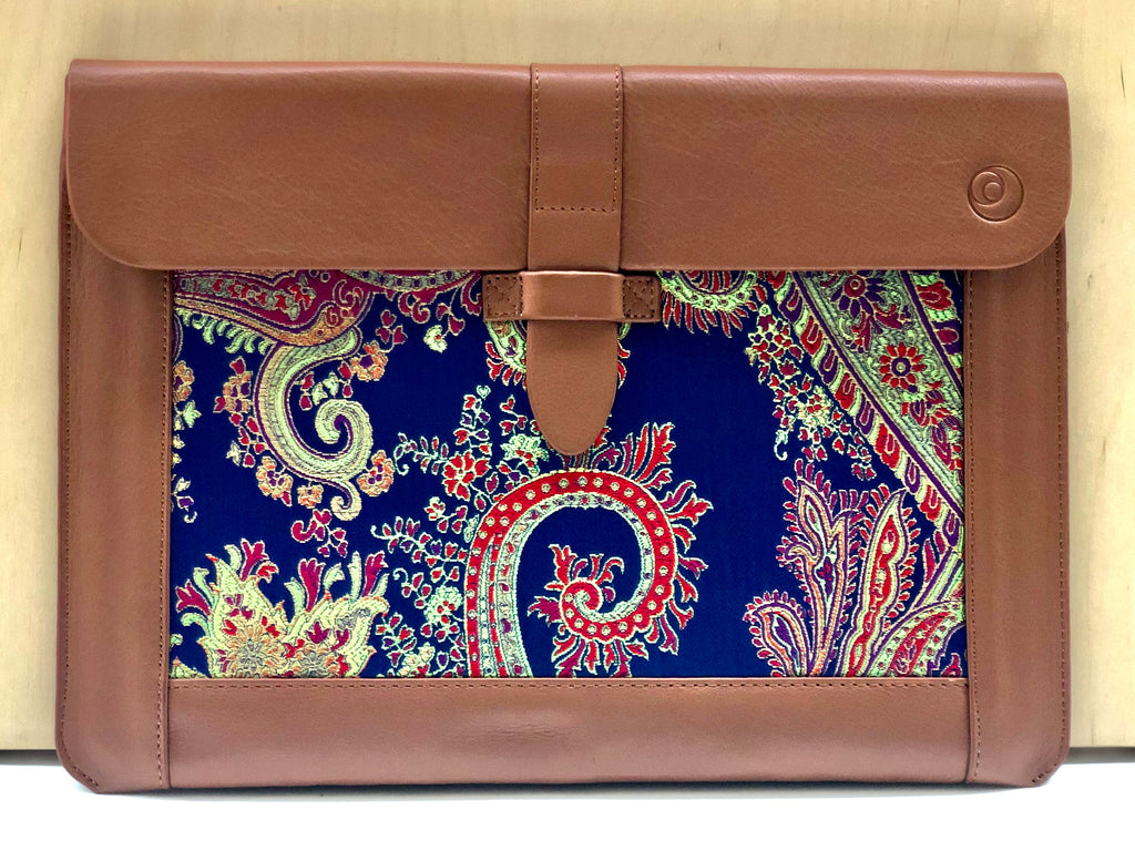 Blue Silk MacBook Sleeve & Charger Bag Set – Handmade Leather Laptop Case 13" 15" 16" | Personalized Gift | Camel or Brown