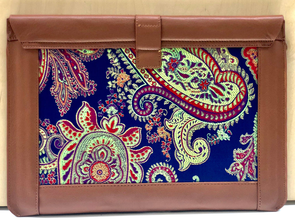 Blue Silk MacBook Sleeve & Charger Bag Set – Handmade Leather Laptop Case 13" 15" 16" | Personalized Gift | Camel or Brown