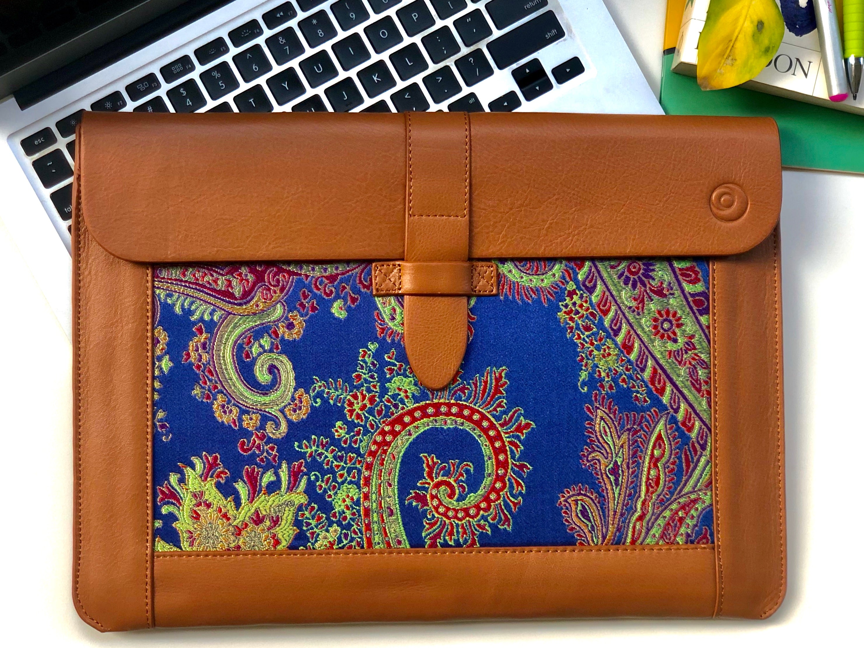 Blue Silk MacBook Sleeve & Charger Bag Set – Handmade Leather Laptop Case 13" 15" 16" | Personalized Gift | Camel or Brown