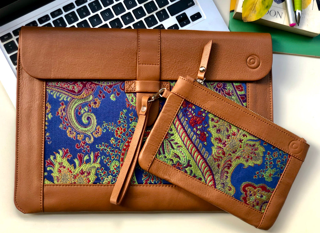Blue Silk MacBook Sleeve & Charger Bag Set – Handmade Leather Laptop Case 13" 15" 16" | Personalized Gift | Camel or Brown