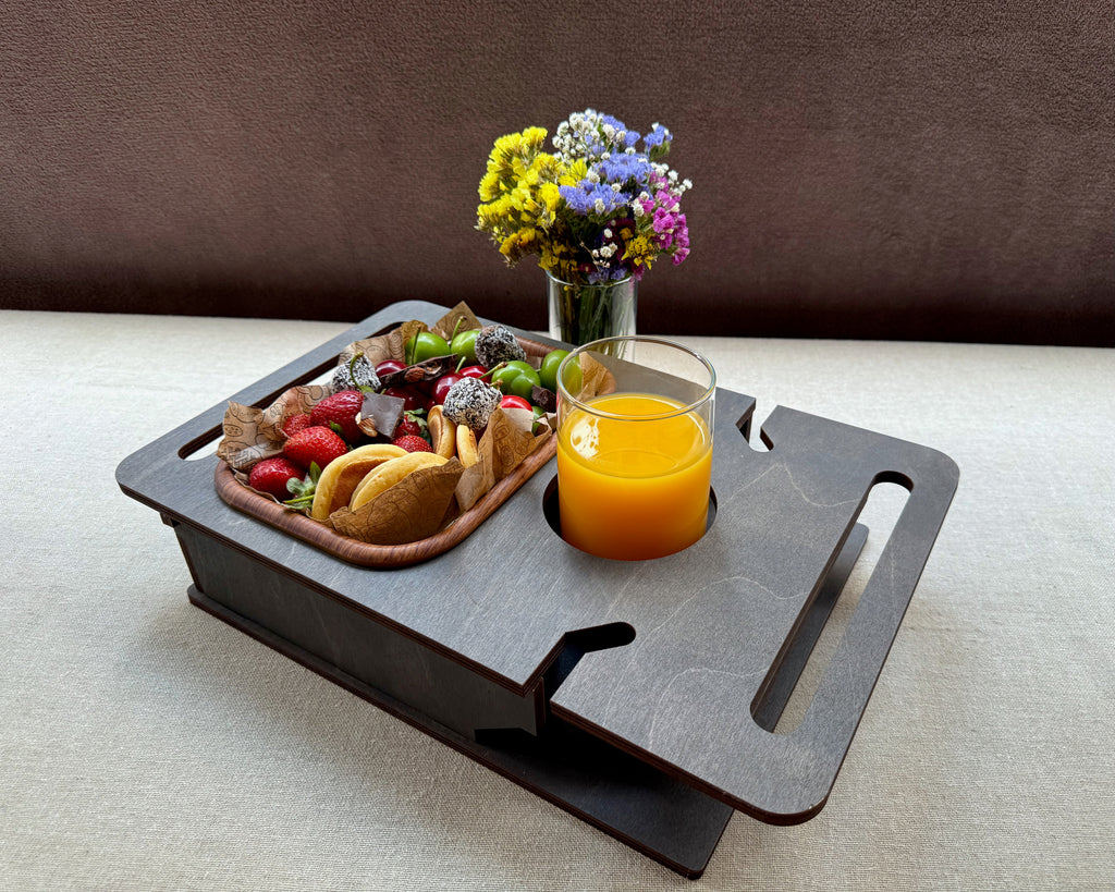 Personalized Wooden Couch Tray – Sofa Armrest Table, Snack & Drink Organizer