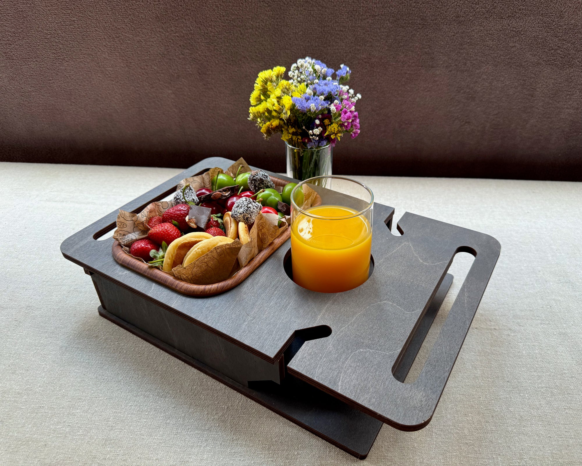 Personalized Wooden Couch Tray – Sofa Armrest Table, Snack & Drink Organizer