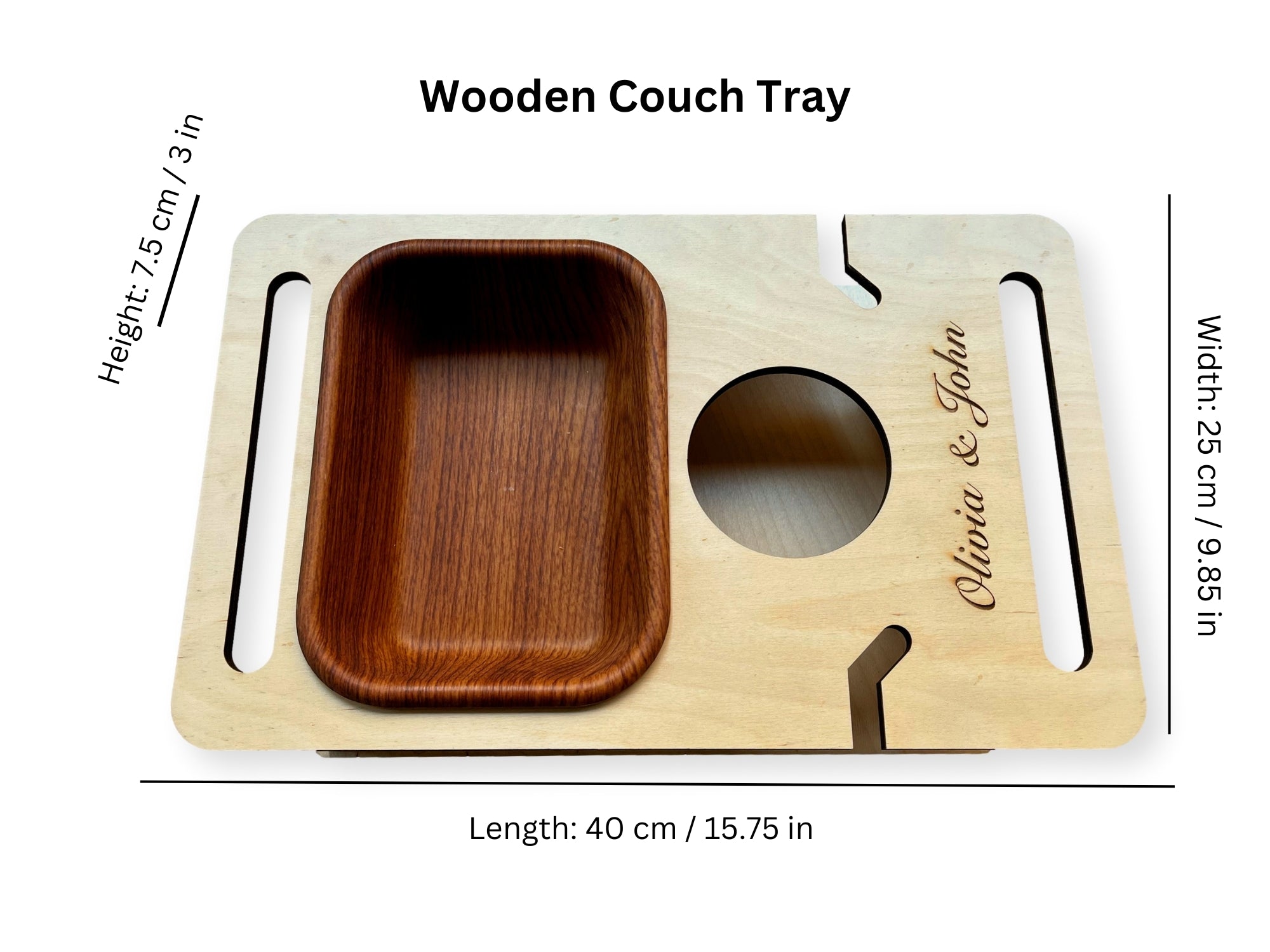 Personalized Wooden Couch Tray – Sofa Armrest Table, Snack & Drink Organizer