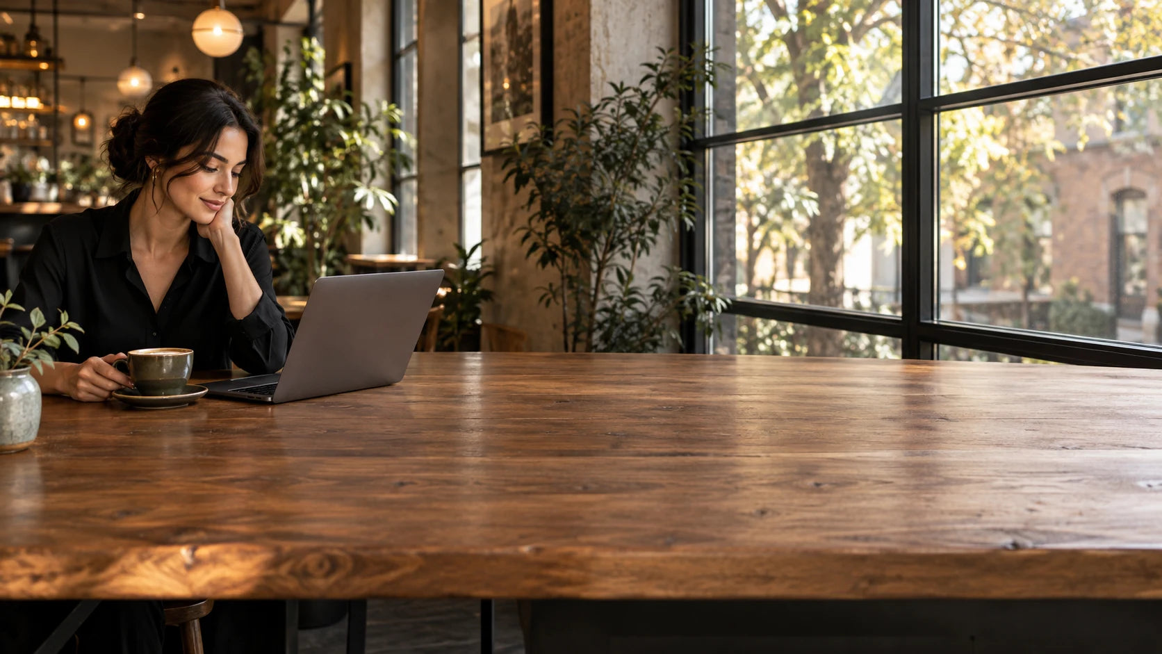 A woman enjoying a coffee and working beside a sunny café window